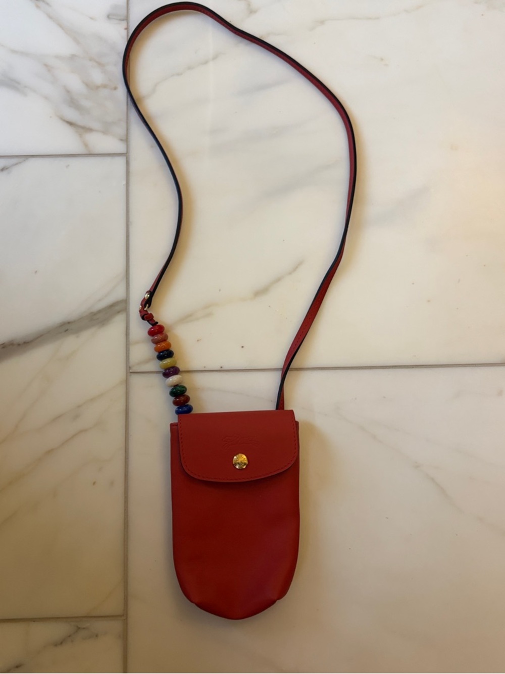 Burnt orange Longchamp Leather Crossbody bad Phone Pouch with Beaded Strap